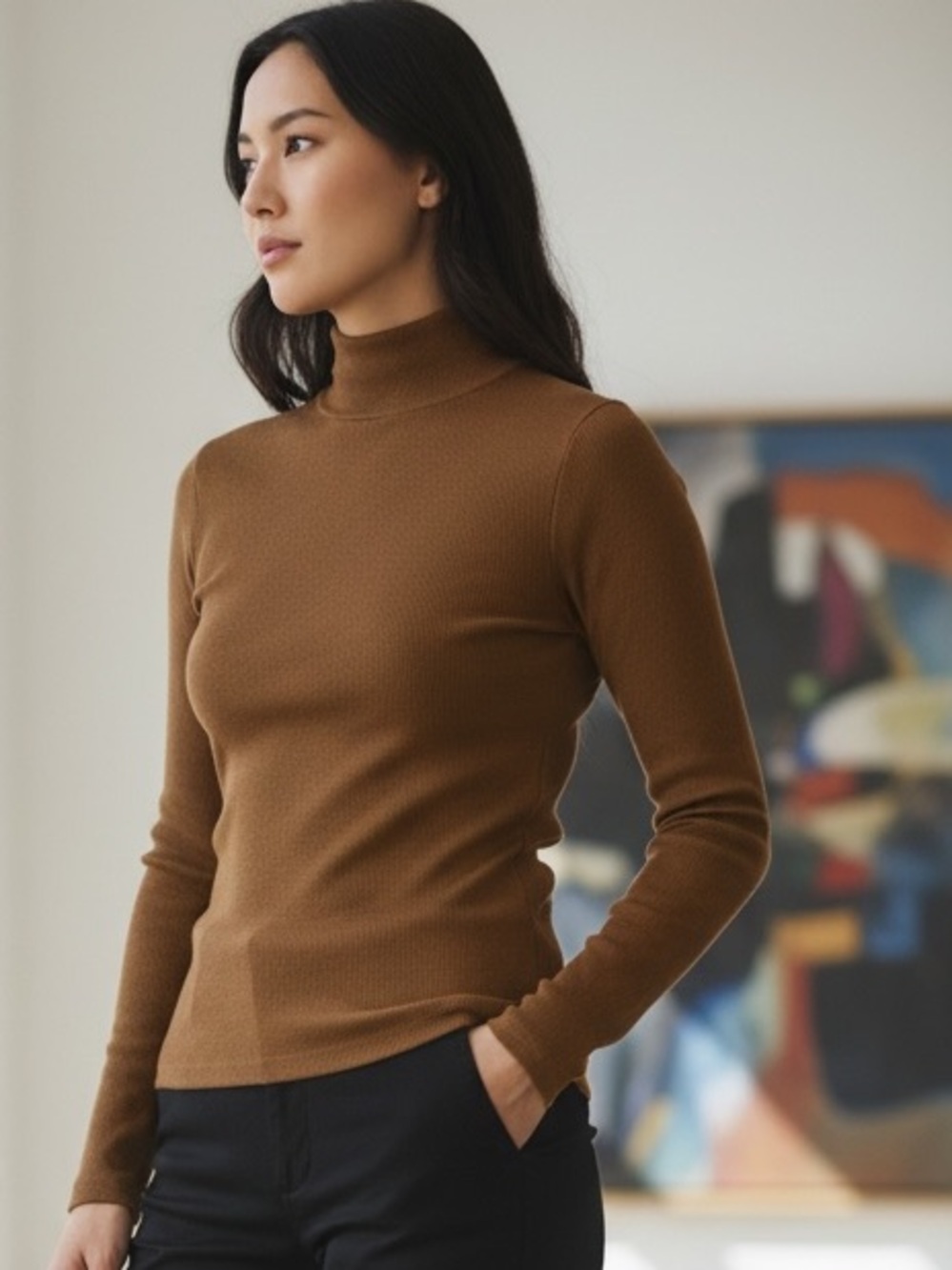 St John Mock Neck Brown Long Sleeve Knit Top Size Medium